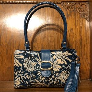 NWT-Patricia Nash-Greek Floral-Violina Satchel-Leather Tassels-Dust Bag-$249